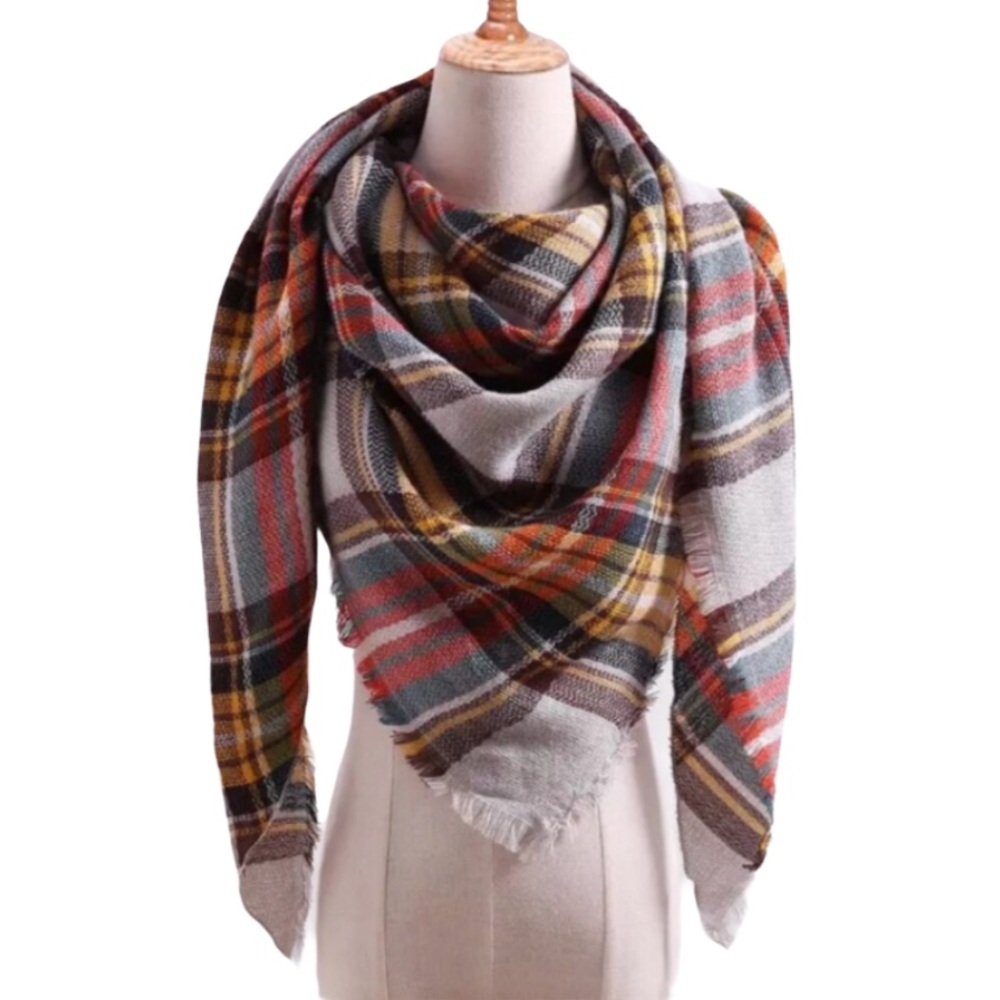 Orange Green Yellow Brown Plaid Triangle Scarf New